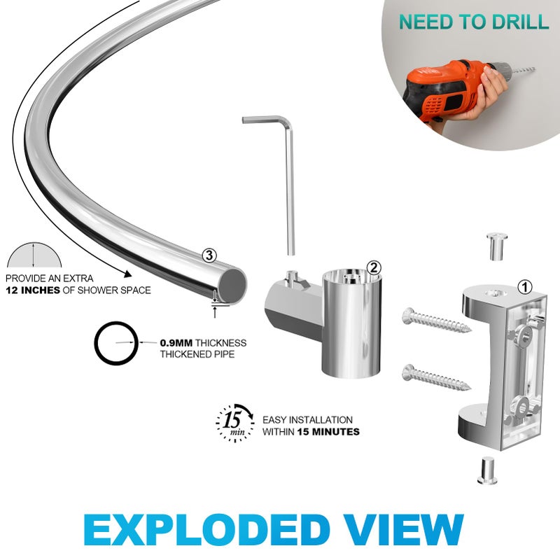 PrettyHome Curved Shower Curtain Rod For Bathroom 38-72 Inches, Adjustable Length, Curved Shower Rod, Metal Rods&Brackets, Round Shower Curtain Rods, Rotate Bracket For Large Shower Space, Need Drilling, Chrome - Image 5